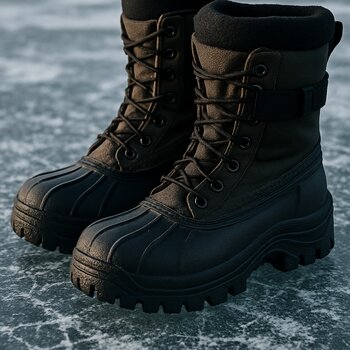 Pair of insulated boots standing on cracked blue ice