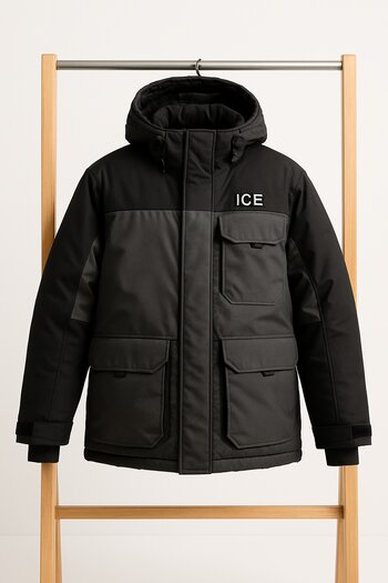 Insulated ice fishing jacket hanging on a rack over snow