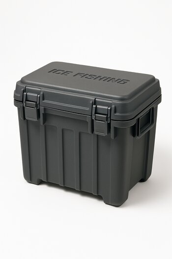 Heavy-duty ice fishing storage box standing on the ice