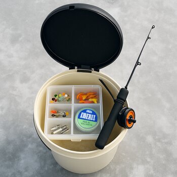 Seat-style tackle box open on the ice with gear inside
