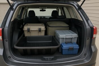 Car trunk packed with an ice sled and several storage boxes