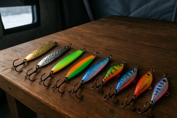 Metal spoons and rattle baits laid on a wooden table