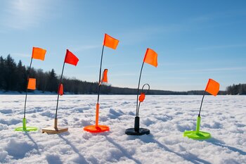 Several tip-ups with bright flags standing in the snow