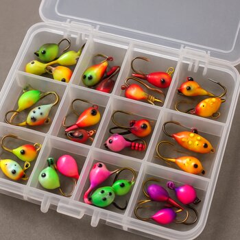 Open tackle box full of colorful winter jigs on the ice