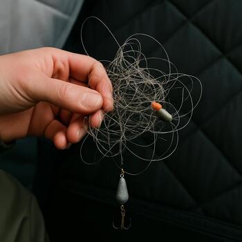 Angler fixing a line tangle inside an ice shelter