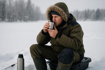 Short food break sitting on a sled with a mug of hot drink
