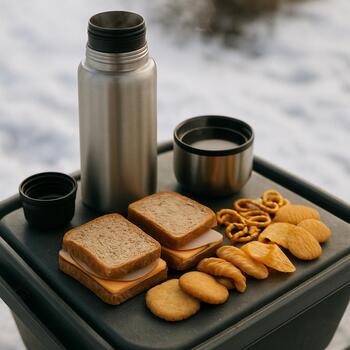 Thermos and small snacks packed in a box for an ice trip