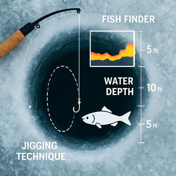 Top-down diagram of a drilled ice hole with notes for line and sonar