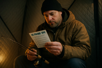 Ice angler on a chair inside a shelter reading a printed guide card