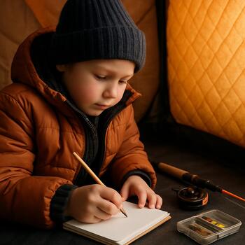 Child drawing simple ice fishing scenes on a small card