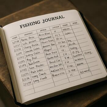 Open ice fishing logbook on a wooden table with handwritten notes