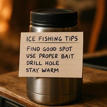 Small mindset notes card taped to a thermos on the ice