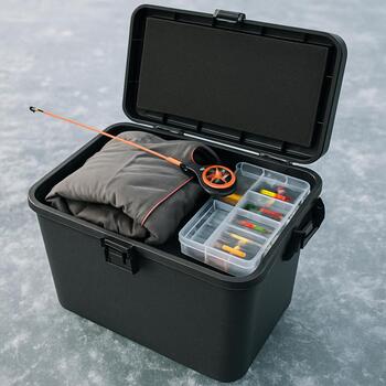 Open gear crate on a bench showing neatly arranged tackle