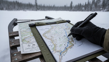 Notebook and hand-drawn ice route map with simple arrows