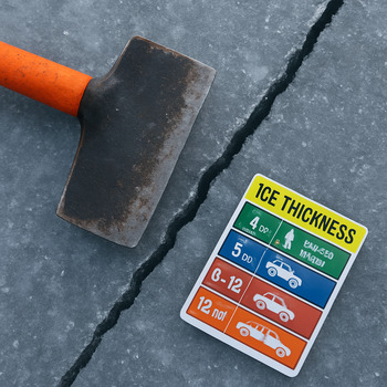 Ice angler testing the ice with a spud bar near visible cracks