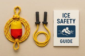 Throw rope and ice picks laid out on the snow beside a sled