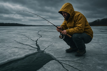 Close-up of cracks on late-season ice near a fishing hole