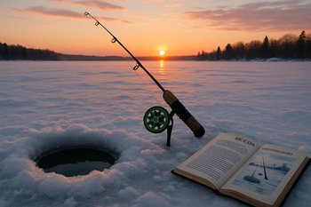 Angler checking a small ice hole at sunrise