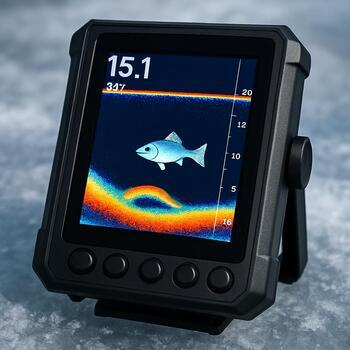 Close-up of an ice fishing sonar screen with bright marks