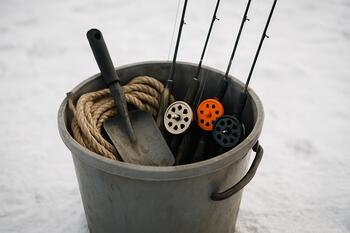 Bucket filled with tackle boxes and tools after a trip
