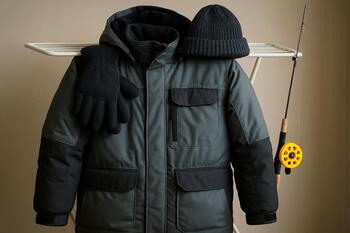 Ice fishing gear drying on a rack in a hallway