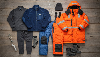 Layered winter clothing folded in a stack for ice fishing