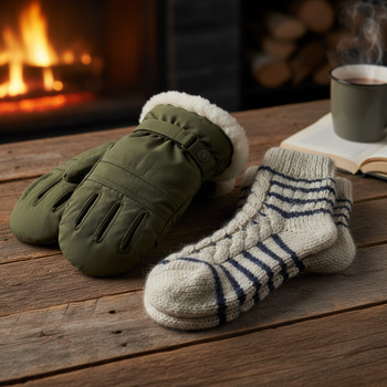 Warm mittens and thick socks resting on a bench