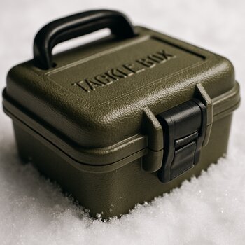 Compact tackle box open on snow with bright winter jigs
