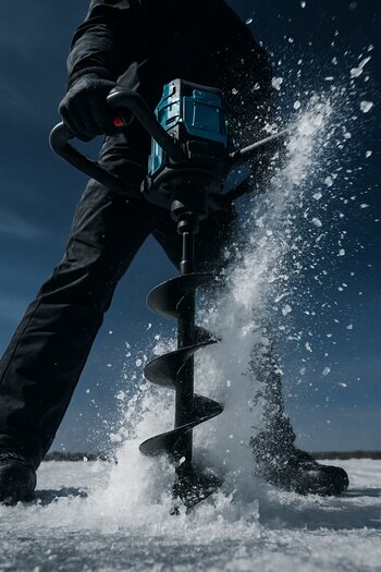 Close-up of an ice auger drilling a clean hole through thick lake ice