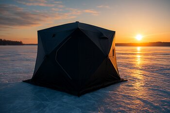 Angler inside a blue ice fishing tent glowing at sunrise