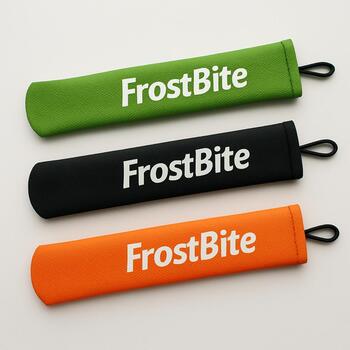 Color-coded ice rod sleeves hanging from a hook