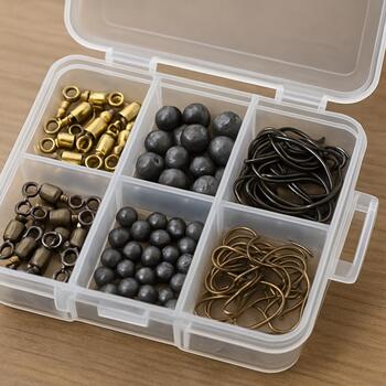 Small parts box with hooks, swivels and snaps sorted by size