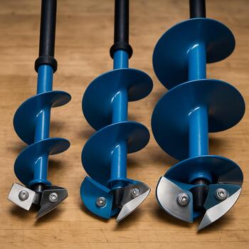 Close-up of several battery-powered ice auger heads on a workbench