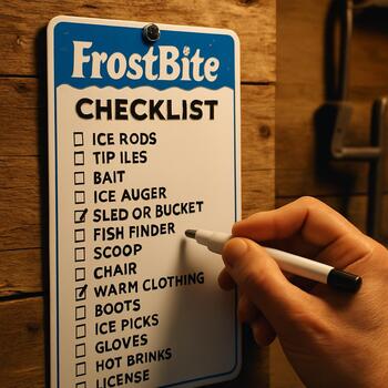 Wall-mounted board with different ice fishing kit checklists pinned in rows