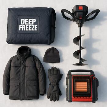 Deeper freeze kit with insulated shelter, powered auger and heavy clothing