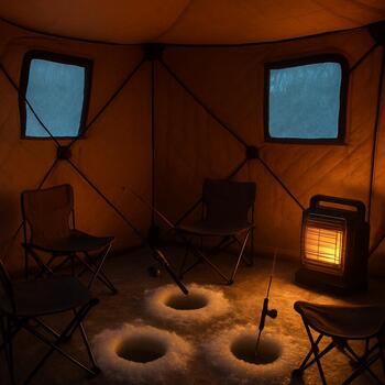 Interior of an ice shelter with a family sitting on seat-boxes
