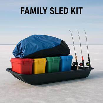 Family sled kit with a large sled, multiple storage boxes and a folded shelter