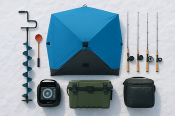 Larger ice layout with a tent in the middle and holes spaced around