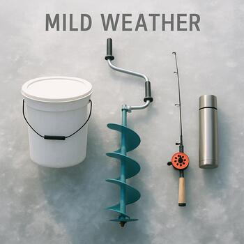 Ice fishing kit laid out for mild weather with light clothing