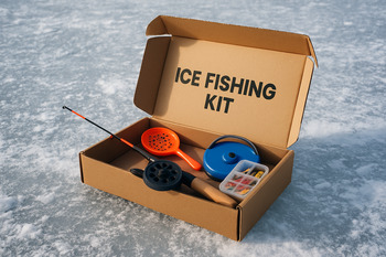 Open FrostBite kit box resting on the ice with gear arranged inside