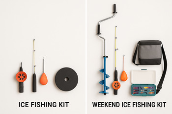 Solo ice kit beside a slightly larger weekend kit on the floor