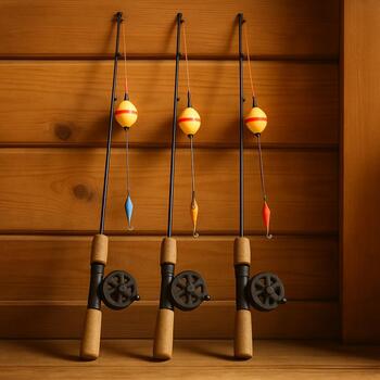 Pre-rigged ice rods lined up indoors with different lures tied on