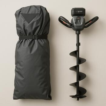 Bundle with a folded shelter, ice auger and compact storage crate