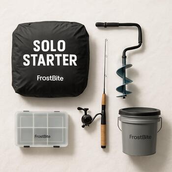 Solo ice fishing starter kit laid out on the floor with shelter, auger and rod