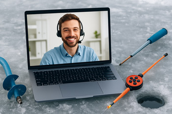 Video call on a laptop screen showing ice fishing gear on the floor