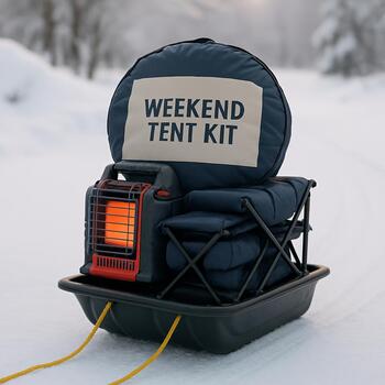 Weekend ice fishing tent kit with heater and chairs stacked beside a sled