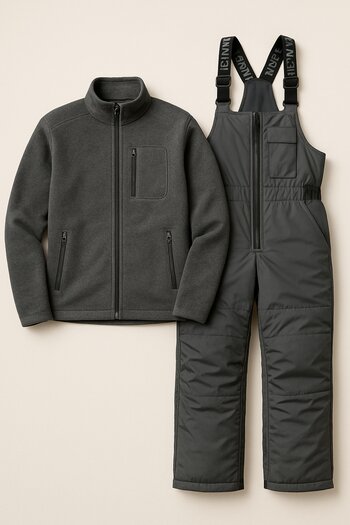 Fleece hoodie and insulated bibs hanging on hooks