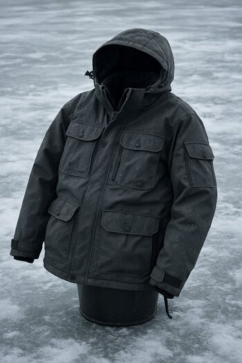 Heavy hooded ice fishing parka lying on blue ice