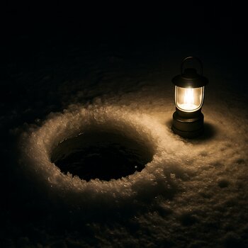 Small lantern glowing beside a drilled hole in the ice