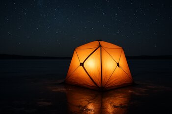 Glowing ice fishing tent on a dark frozen lake